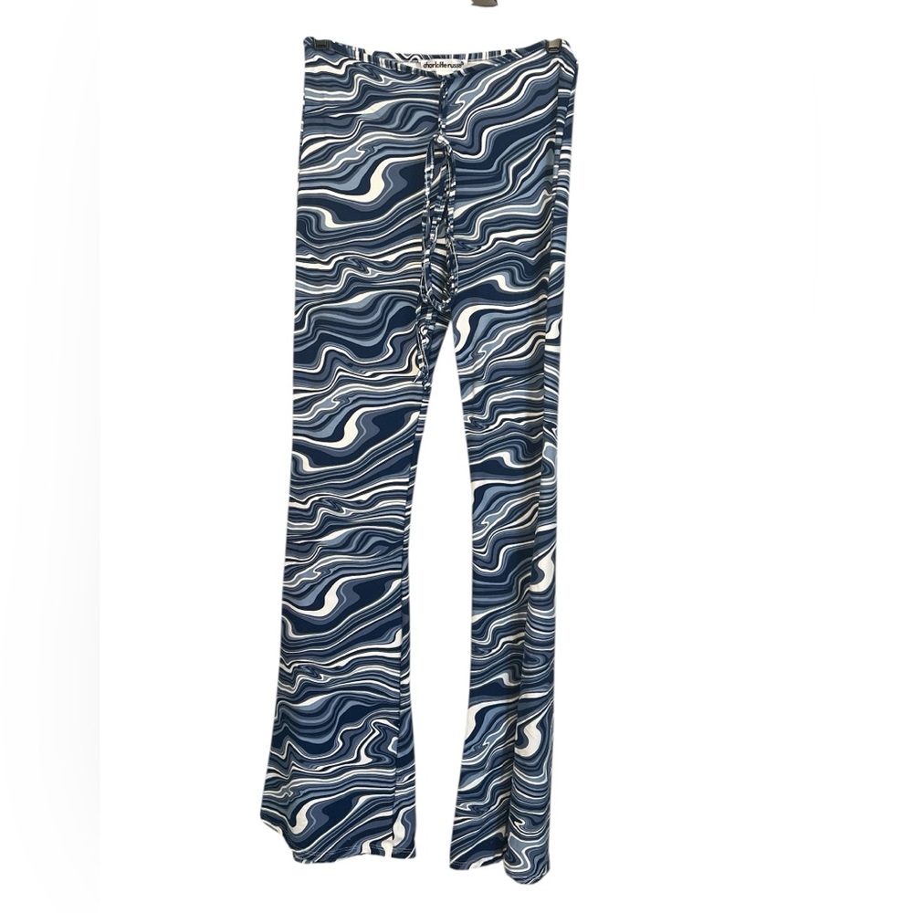 70's Retro Inspired Blue and White Wavy Flare Stretch Pants Size S NEW